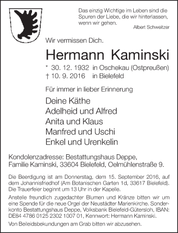 Traueranzeige von Hermann Kaminski von Neue Westfälische