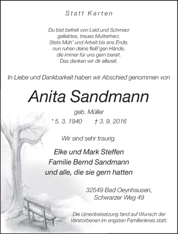 Traueranzeige von Anita Sandmann von Neue Westfälische