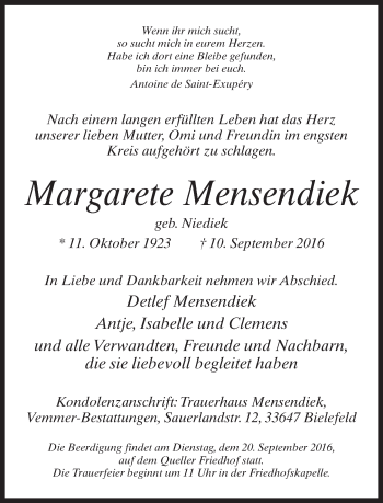 Traueranzeige von Margarete Mensendiek von Neue Westfälische