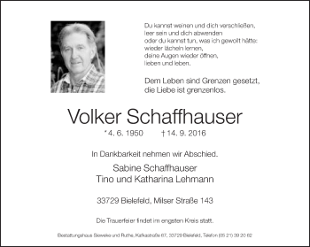 Traueranzeige von Volker Schaffhauser von Neue Westfälische
