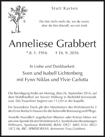 Traueranzeige von Anneliese Grabbert von Neue Westfälische