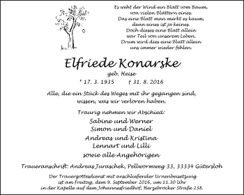 Traueranzeige von Elfriede Konarske von Neue Westfälische