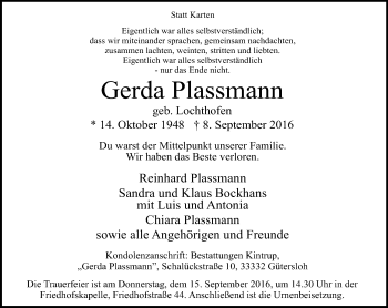 Traueranzeige von Gerda Plassmann von Neue Westfälische