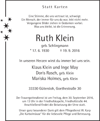 Traueranzeige von Ruth Klein von Neue Westfälische