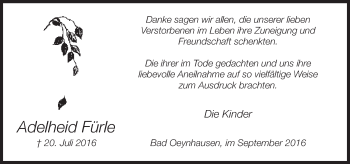 Traueranzeige von Adelheid Fürle von Neue Westfälische