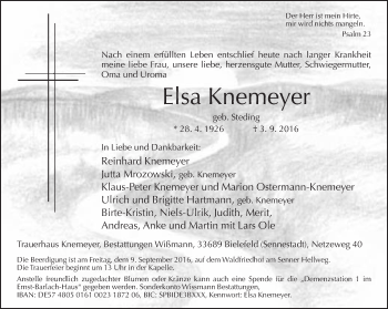 Traueranzeige von Elsa Knemeyer von Neue Westfälische