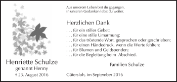 Traueranzeige von Henriette Schulze von Neue Westfälische