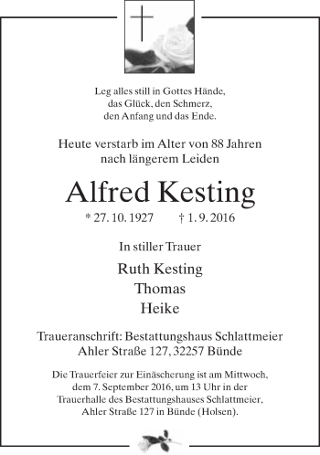Traueranzeige von Alfred Kesting von Neue Westfälische