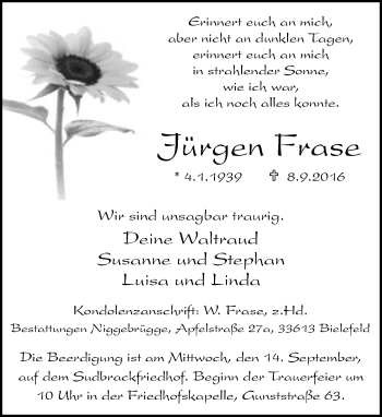 Traueranzeige von Jürgen Frase von Neue Westfälische