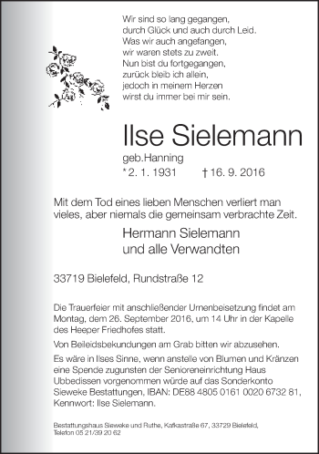 Traueranzeige von Ilse Sielemann von Neue Westfälische