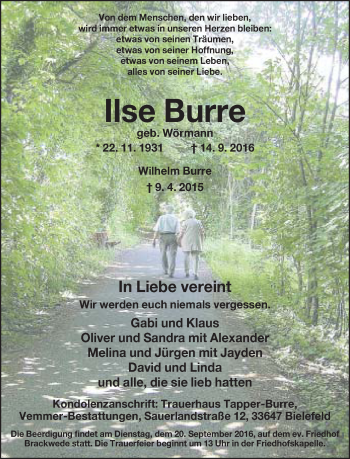 Traueranzeige von Ilse Burre von Neue Westfälische