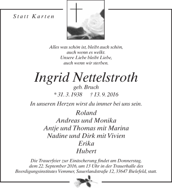 Traueranzeige von Ingrid Nettelstroth von Neue Westfälische
