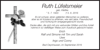 Traueranzeige von Ruth Lüfelsmeier von Neue Westfälische