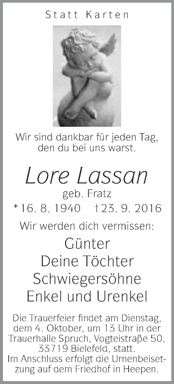 Traueranzeige von Lore Lassan von Neue Westfälische