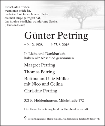 Traueranzeige von Günter Petring von Neue Westfälische