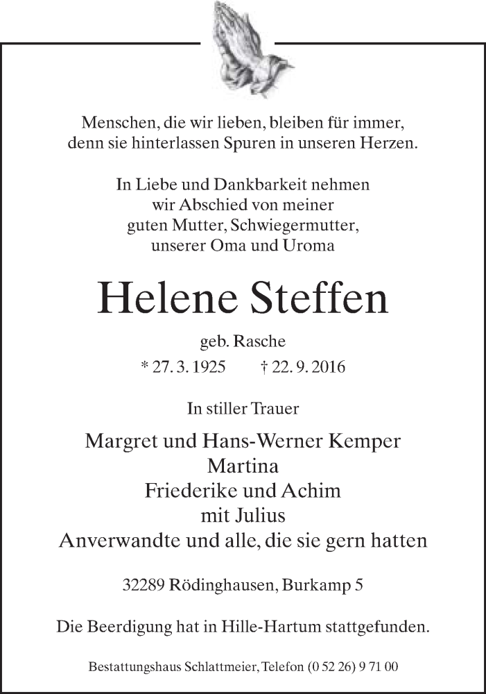  Traueranzeige für Helene Steffen vom 28.09.2016 aus Neue Westfälische