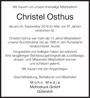 Traueranzeige von Christel Osthus von Neue Westfälische