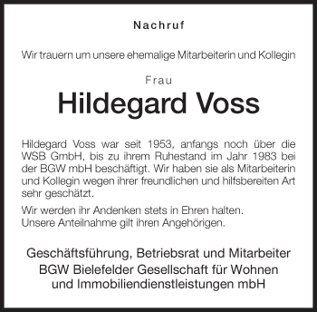 Traueranzeige von Hildegard Voss von Neue Westfälische