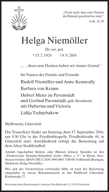 Traueranzeige von Helga Niemöller von Neue Westfälische