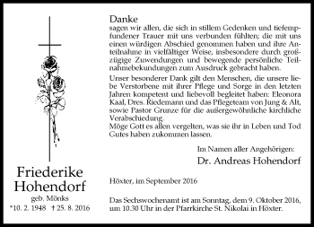 Traueranzeige von Friederike Hohendorf von Neue Westfälische