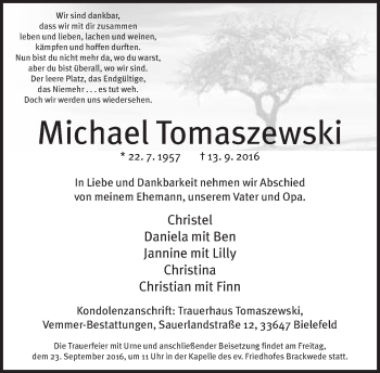 Traueranzeige von Michael Tomaszewski von Neue Westfälische