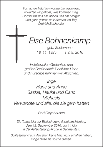 Traueranzeige von Else Bohnenkamp von Neue Westfälische