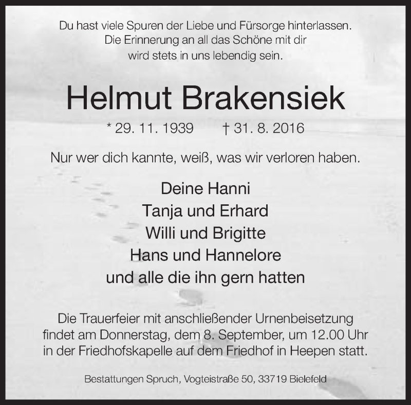  Traueranzeige für Helmut Brakensiek vom 05.09.2016 aus Neue Westfälische