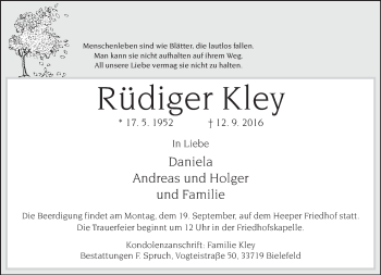 Traueranzeige von Rüdiger Kley von Neue Westfälische