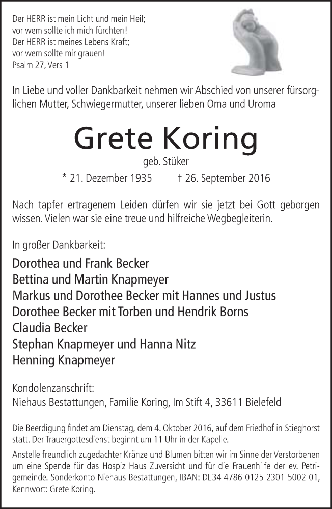  Traueranzeige für Grete Koring vom 28.09.2016 aus Neue Westfälische