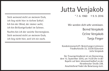 Traueranzeige von Jutta Venjakob von Neue Westfälische