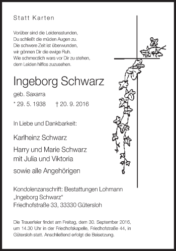 Traueranzeige von Ingeborg Schwarz von Neue Westfälische