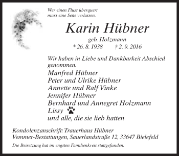 Traueranzeige von Karin Hübner von Neue Westfälische