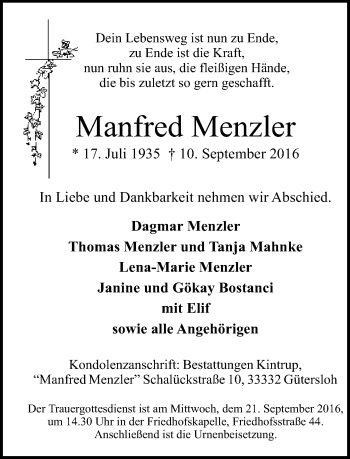 Traueranzeige von Manfred Menzler von Neue Westfälische