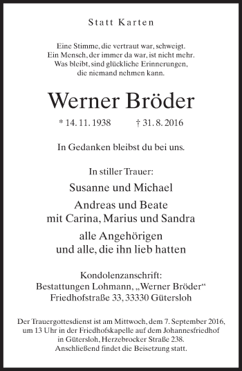 Traueranzeige von Werner Bröder von Neue Westfälische