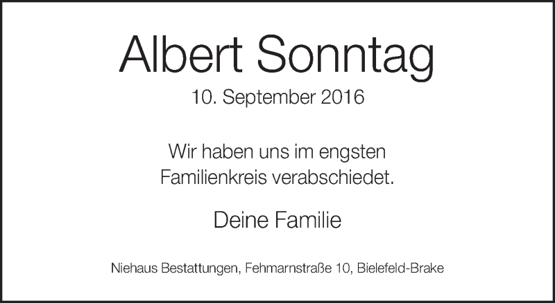  Traueranzeige für Albert Sonntag vom 17.09.2016 aus Neue Westfälische