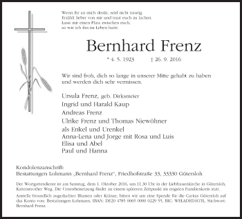 Traueranzeige von Bernhard Frenz von Neue Westfälische