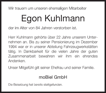 Traueranzeige von Egon Kuhlmann von Neue Westfälische