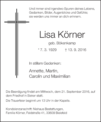 Traueranzeige von Lisa Körner von Neue Westfälische