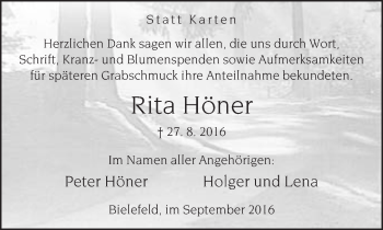 Traueranzeige von Rita Höner von Neue Westfälische