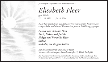 Traueranzeige von Elisabeth Fleer von Neue Westfälische