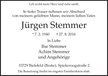 Traueranzeige von Jürgen Stemmer von Neue Westfälische