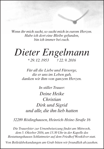Traueranzeige von Dieter Engelmann von Neue Westfälische