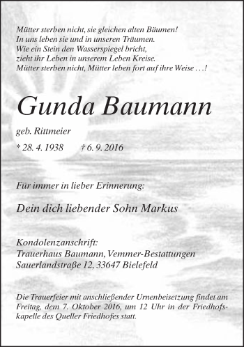 Traueranzeige von Gunda Baumann von Neue Westfälische