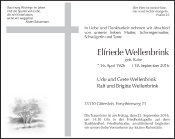 Traueranzeige von Elfriede Wellenbrink von Neue Westfälische