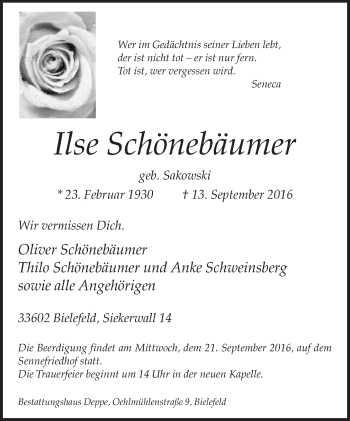 Traueranzeige von Ilse Schönebäumer von Neue Westfälische