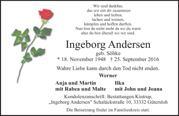 Traueranzeige von Ingeborg Andersen von Neue Westfälische