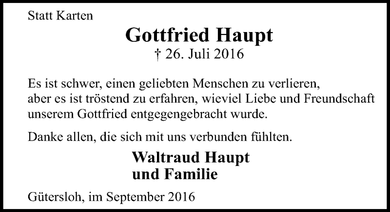  Traueranzeige für Gottfried Haupt vom 10.09.2016 aus Neue Westfälische