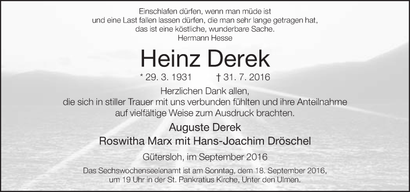  Traueranzeige für Heinz Derek vom 10.09.2016 aus Neue Westfälische