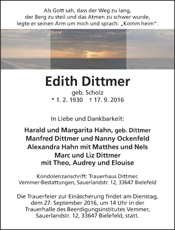 Traueranzeige von Edith Dittmer von Neue Westfälische