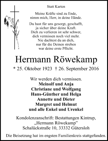 Traueranzeige von Hermann Röwekamp von Neue Westfälische